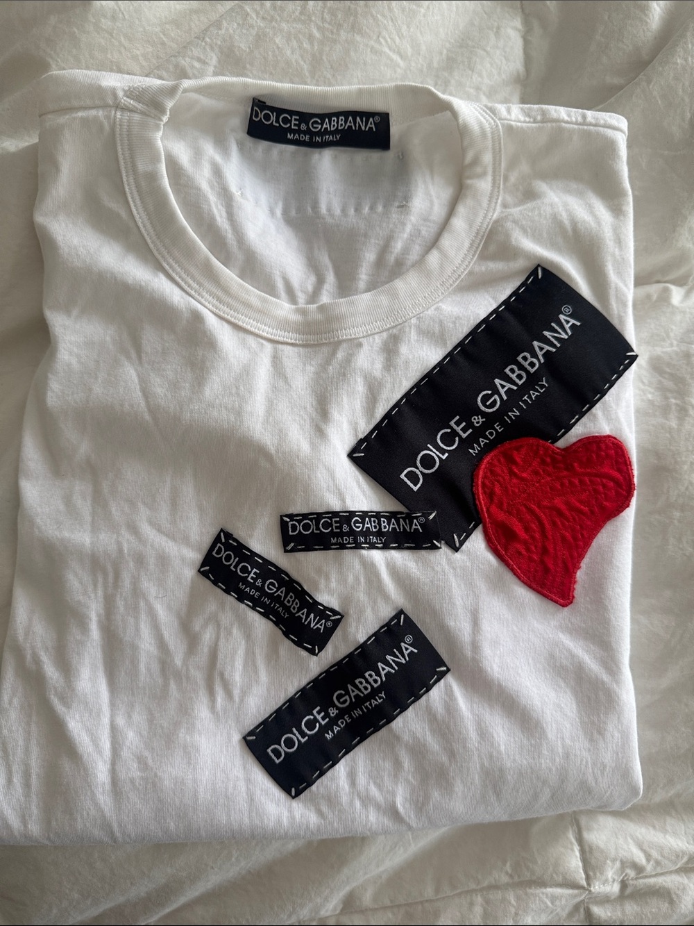 Dolce & Gabbana White Crewneck Tee with Black Logo Tabs & Red Heart - Picture 7 of 7